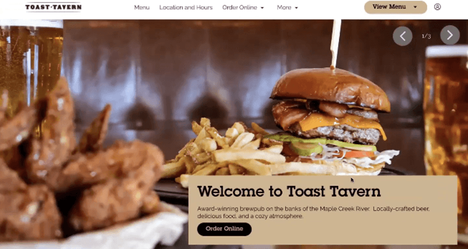 Toast Tavern website showing restaurant branding, menu navigation, location information and an online ordering option.