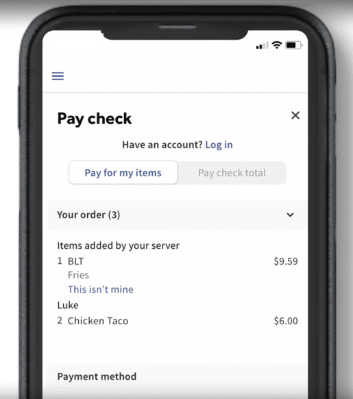 Toast Mobile Order & Pay screen showing options to pay for individual items or the full check.
