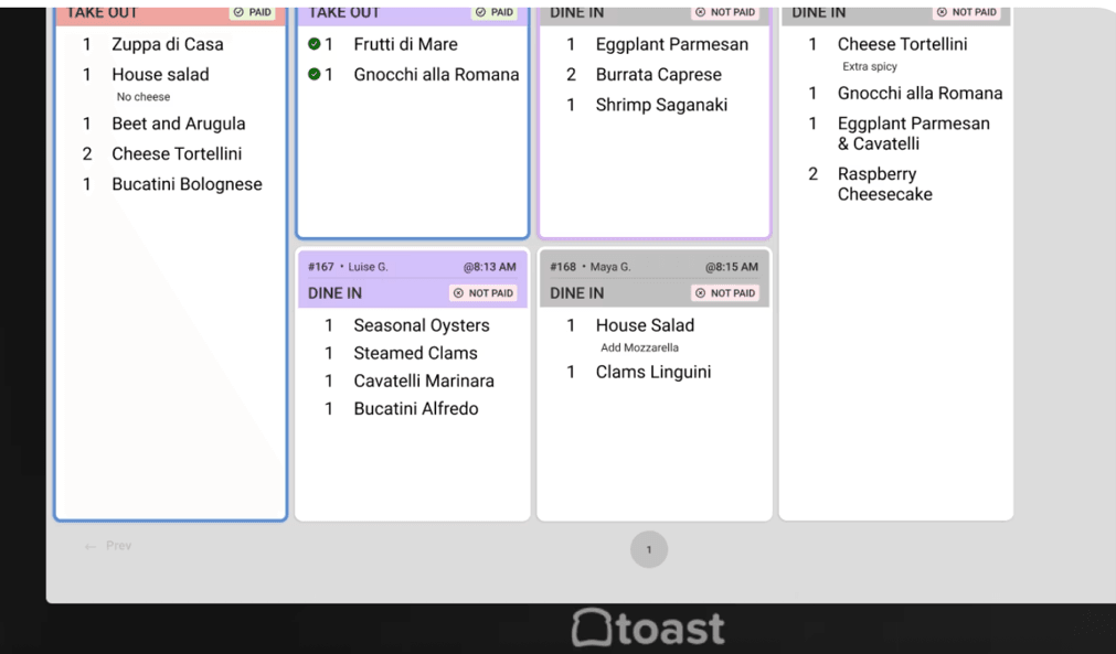 Toast Kitchen Display System showing color-coded restaurant order tickets with items, modifiers and order status.