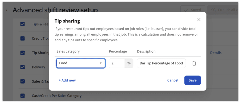 Toast tip sharing settings showing a percentage-based tip distribution rule for restaurant employees.