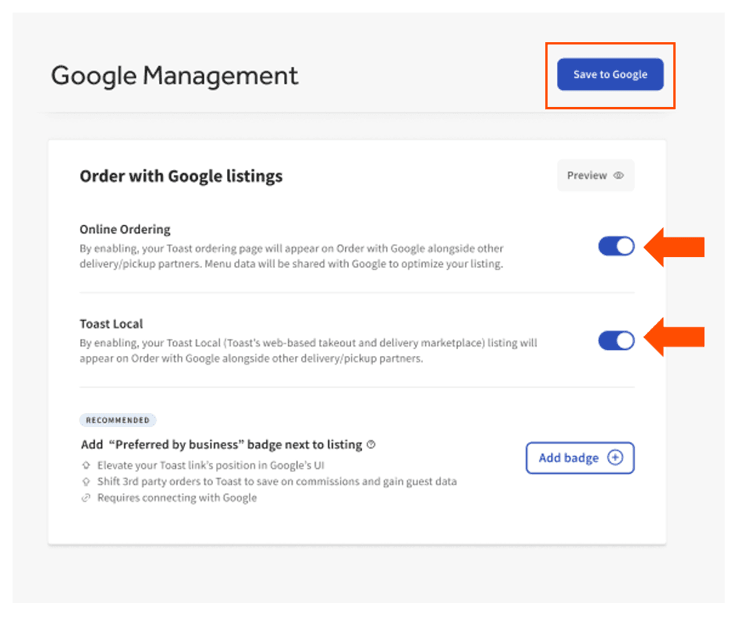 Toast Google Management settings showing options for Online Ordering and Toast Local listings.