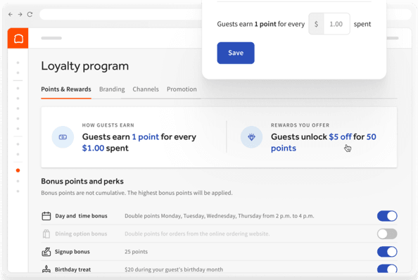Toast Loyalty settings showing customizable points, rewards, sign-up bonuses and birthday treats.