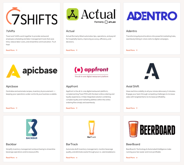 Toast integration directory showing restaurant software partners including 7shifts, Apicbase, Backbar and BeerBoard.