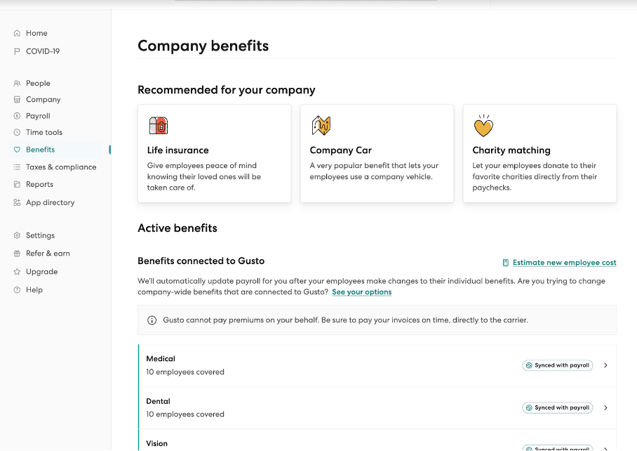 Gusto active benefits summary