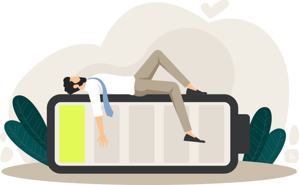 graphic of a businessperson lying on a low battery symbol