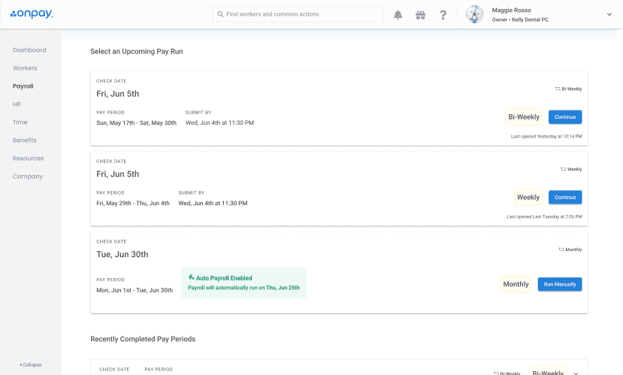 OnPay payroll dashboard showing recurring and one-time payroll schedules with upcoming pay dates.