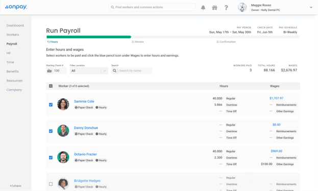 OnPay payroll screen displaying employee hours, wages, taxes and payroll totals before submission. 