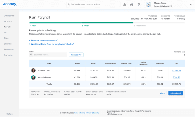 OnPay payroll review page displaying employee earnings, taxes, deductions and validation warnings before payroll submission.