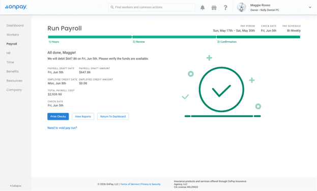 OnPay payroll confirmation screen summarizing payroll costs, funding details and scheduled pay dates.