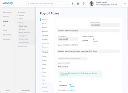OnPay payroll tax settings page displaying state tax withholding, unemployment insurance and payroll tax account information.