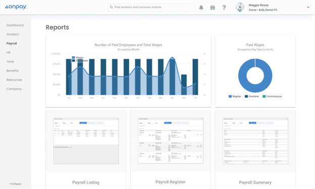 OnPay reports dashboard displaying payroll charts, employee wage summaries and downloadable payroll reports.