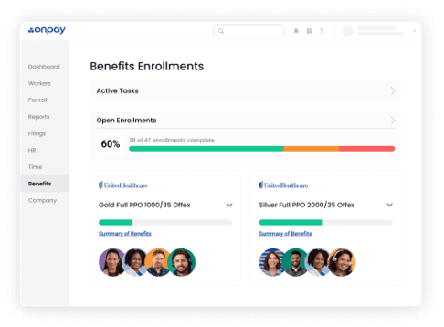 OnPay benefits enrollment dashboard displaying employee enrollment progress, health plan options and benefits administration tools.