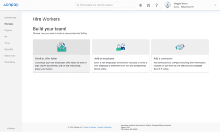OnPay Hire Workers dashboard showing options to send offer letters, add employees manually or invite contractors to complete onboarding online.