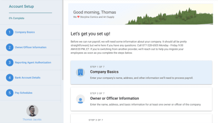 OnPay account setup wizard displaying a step-by-step onboarding checklist for entering company information, banking details and payroll settings.