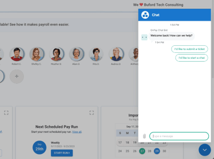 OnPay support chat window within the payroll dashboard showing options to start a live chat or submit a support ticket.