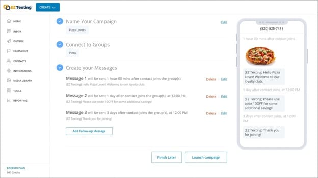  EZ Texting campaign builder showing a three-message automated text campaign and mobile preview