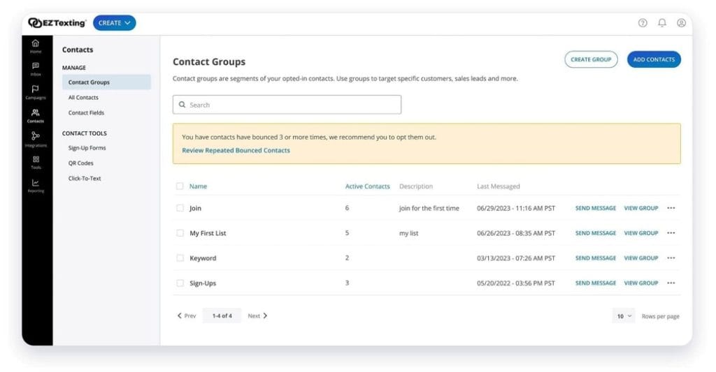 EZ Texting Contact Groups dashboard showing contact lists and list-management tools