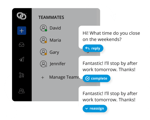EZ Texting Team Inbox showing teammates and options to reply, complete or reassign customer conversations