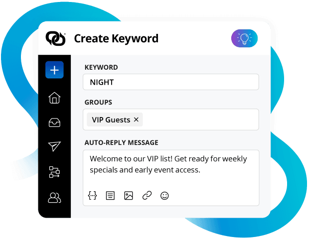 EZ Texting screen for creating a keyword, assigning it to a contact group and setting an auto-reply message.