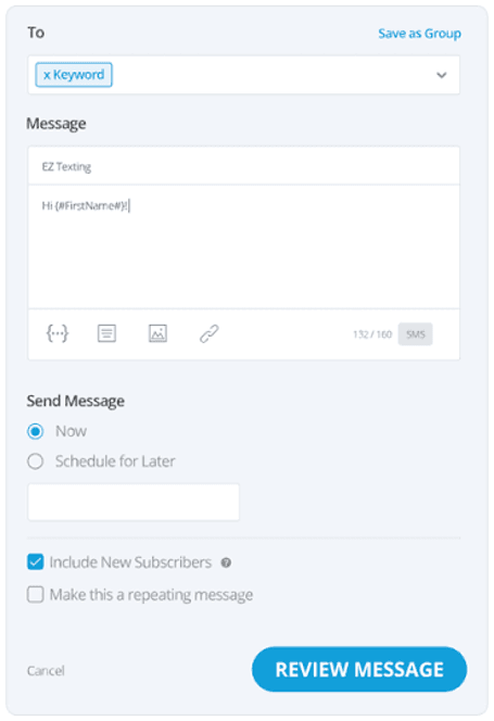 EZ Texting bulk message composer with personalization, scheduling and recurring message options