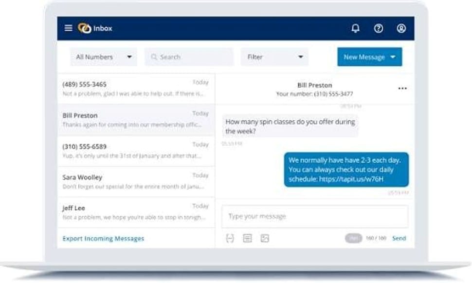EZ Texting inbox showing incoming customer text conversations and a message reply window