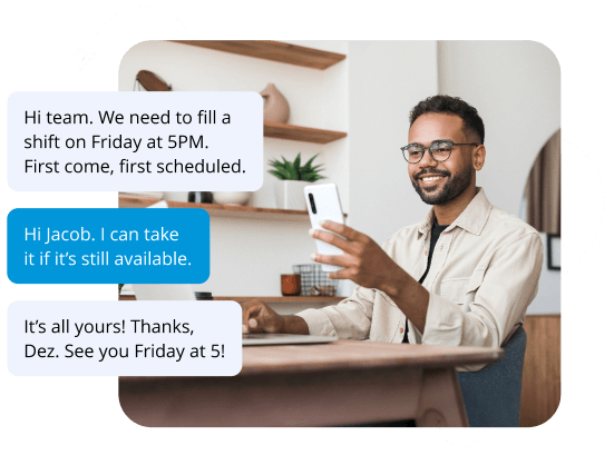 Two-way text conversation between a business and an employee about filling an available shift