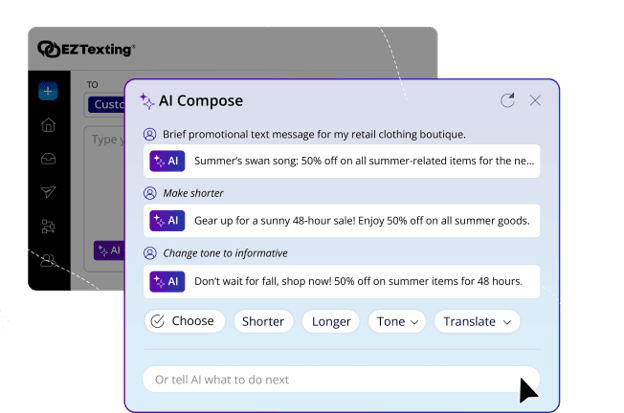 EZ Texting AI Compose generating and revising a promotional text message