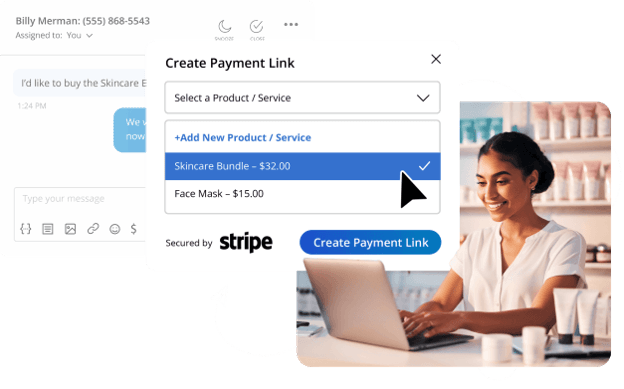 EZ Texting interface for creating a Text-to-Pay payment link secured by Stripe