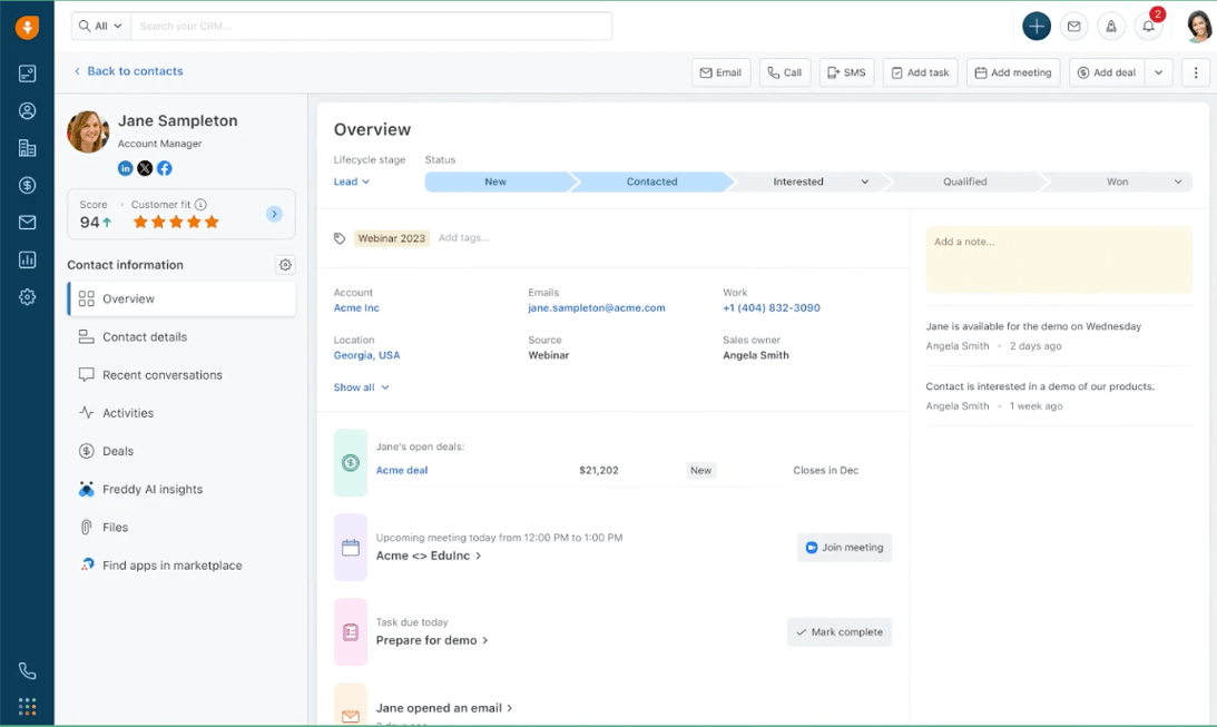 Freshsales gives sales managers a centralized view of customer information, deal activity and lead insights.