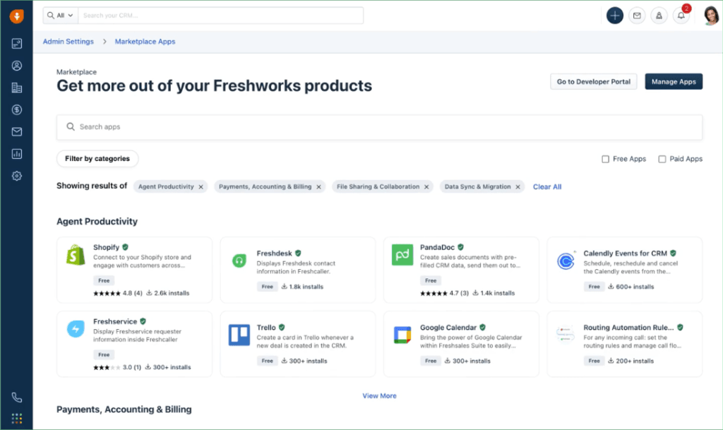 Freshworks Marketplace displaying available integrations and productivity apps that can be added to Freshsales.