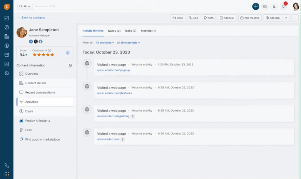 Freshsales contact record showing customer communication history, activities and engagement across multiple channels.