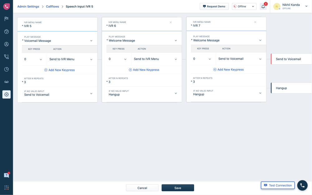 Freshsales IVR call-routing interface showing automated phone menu and call flow configuration.