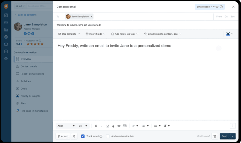  Freshsales user prompting Freddy AI to draft a personalized sales email from within the CRM.