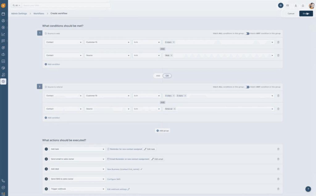 Freshsales workflow automation builder showing lead conditions, routing rules and automated actions.