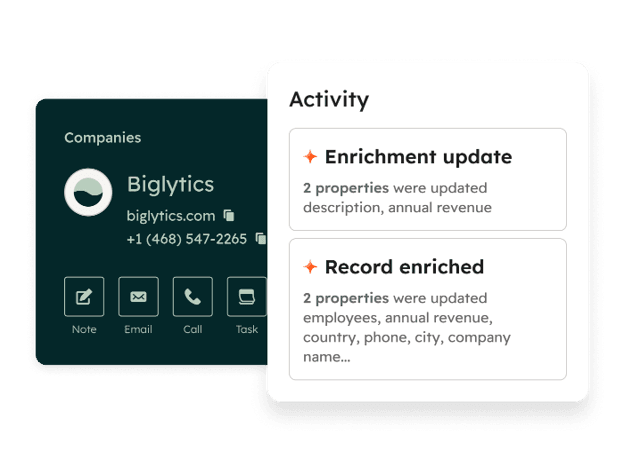 HubSpot company profile showing automated record enrichment updates and newly added company information.