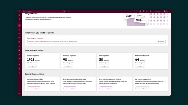 HubSpot customer segmentation dashboard displaying AI-generated segment suggestions and audience insights.