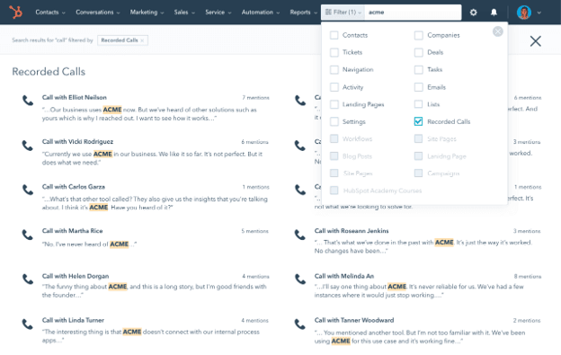 HubSpot conversation intelligence dashboard showing searchable call transcripts, recorded sales calls and keyword-based conversation analysis.