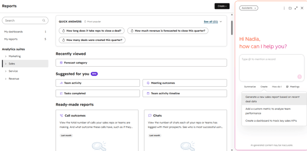 HubSpot reporting dashboard displaying sales analytics, prebuilt report templates, AI-generated quick answers and an AI Assistant panel for creating custom reports and dashboards.