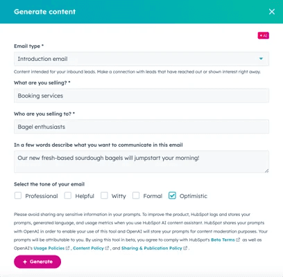 HubSpot AI email generator displaying fields for email type, target audience, message description and tone selection to create a customized marketing email template.