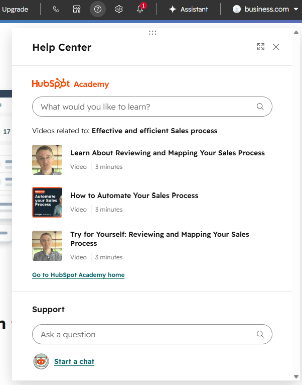 HubSpot help panel displaying Academy training videos related to sales process optimization alongside an integrated support section with a live chat option.