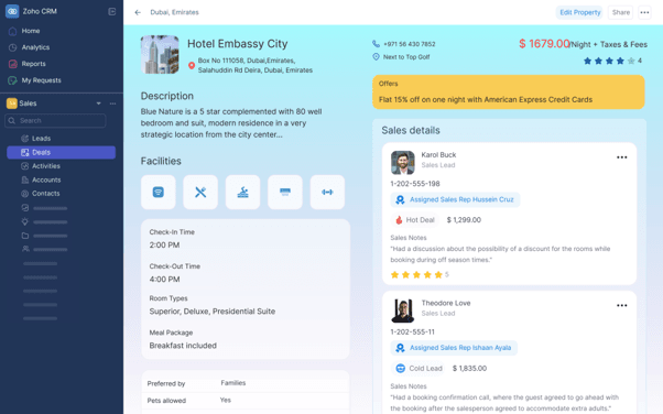 Zoho CRM Canvas interface showing a customized property management dashboard with a personalized navigation menu, hotel details, sales information and drag-and-drop layout elements.