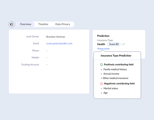 Zoho CRM screen showing Zia AI scoring a sales opportunity and highlighting the factors affecting its deal health prediction.