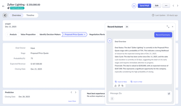  Zoho CRM's Zia AI Record Assistant generates a summary of a sales opportunity, including deal stage, revenue, closing date and AI-generated recommendations within the CRM interface.
