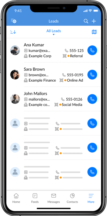 Zoho CRM mobile app displaying a list of leads with contact details, companies, lead sources and click-to-call buttons.