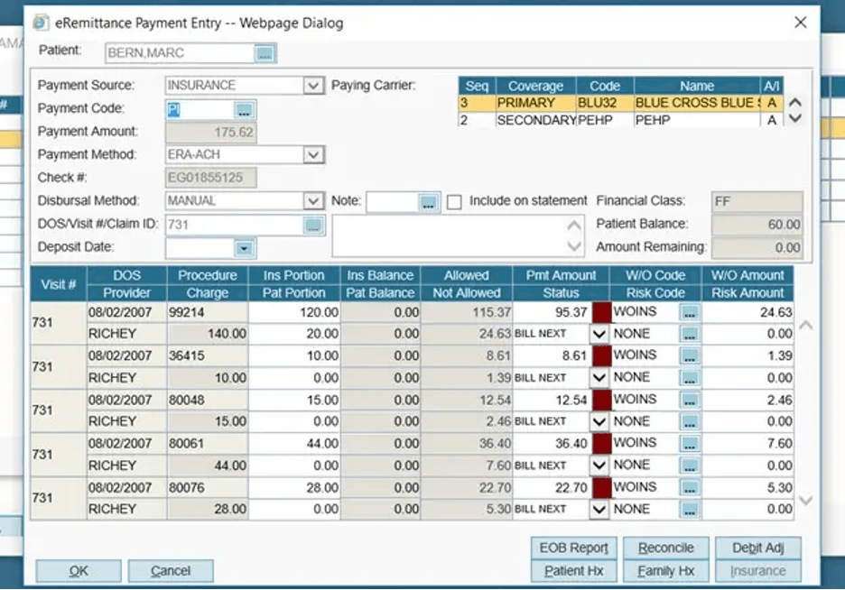 AdvancedMD remittance screen