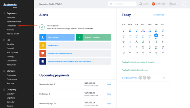 Justworks dashboard showing payroll alerts, employee actions and upcoming payments with navigation menu on the left.