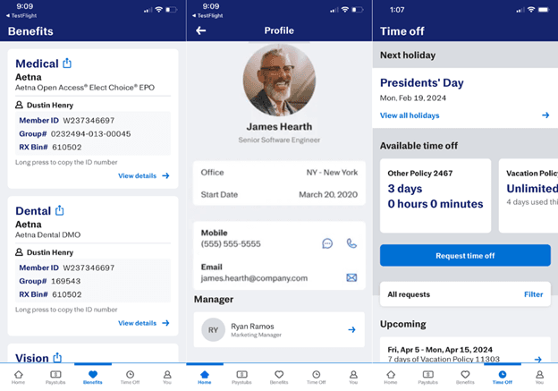 Justworks mobile app screens showing employee benefits details, profile information and time-off requests