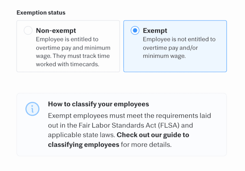 Justworks interface showing exempt and non-exempt employee classification options with guidance on FLSA requirements
