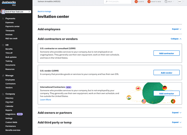 Justworks interface showing invitation center for adding U.S. and international contractors, vendors and employees