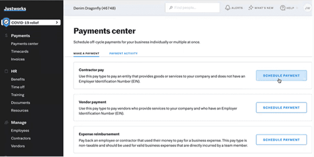 ​​Justworks payments center showing options for contractor pay, vendor payments and expense reimbursements